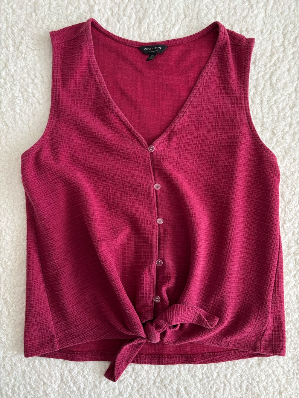 Lucky Brand Burgundy Button Front Tie Waist Sleeveless Top Size S Textured